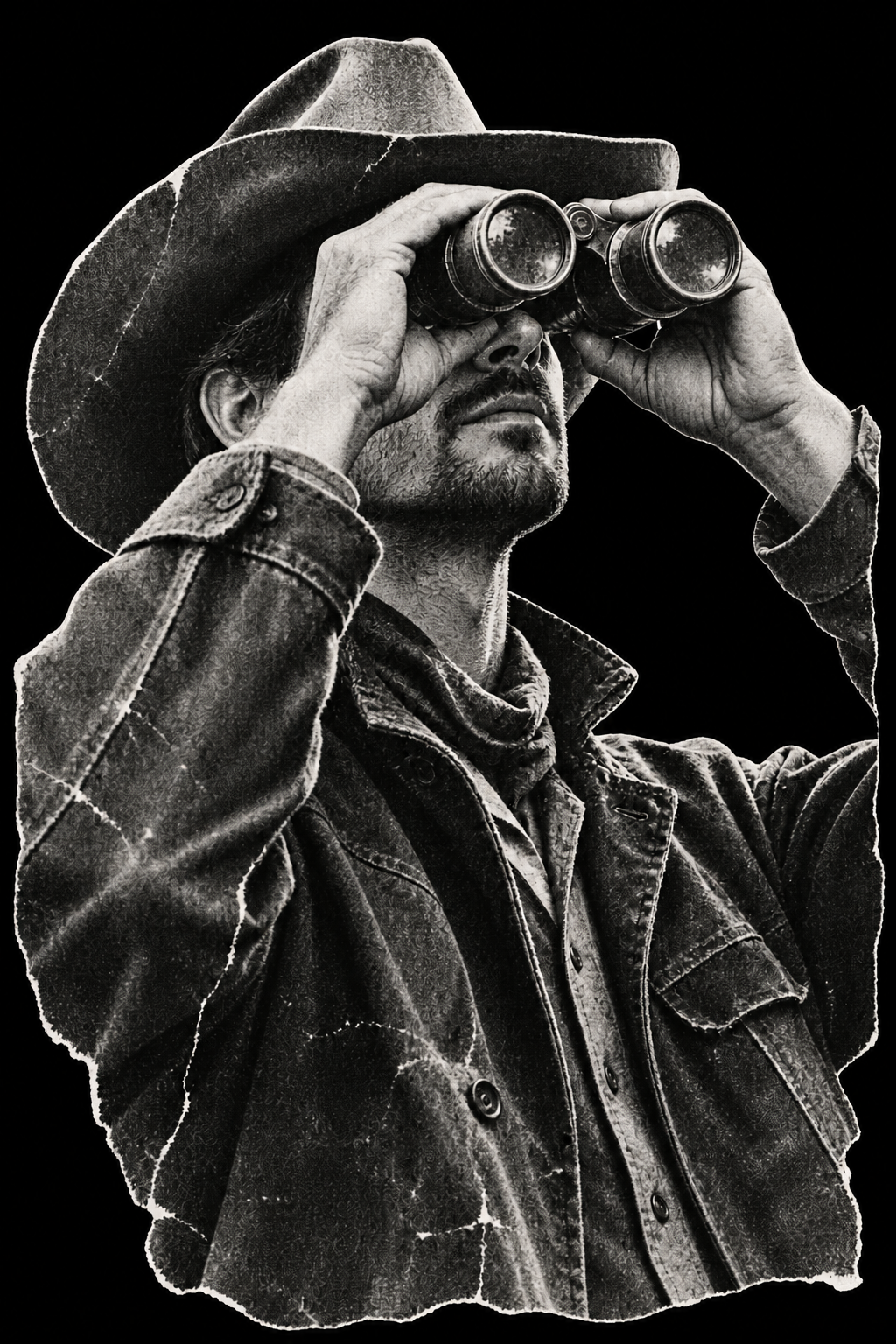 A man in a wide-brim hat looking through vintage binoculars